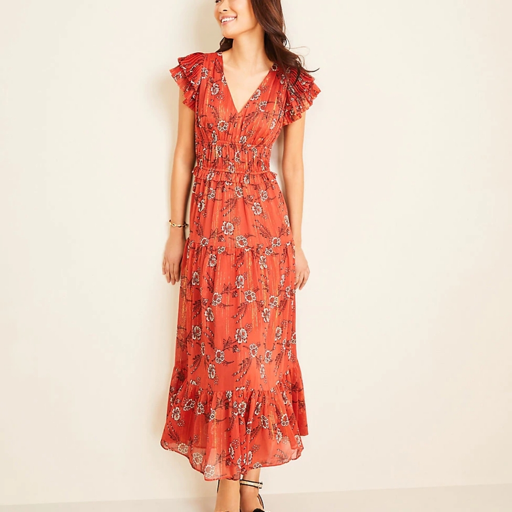 Ann Taylor Shimmer Floral Flutter Sleeve Maxi